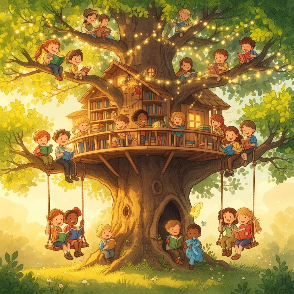 Children reading together in a cozy treehouse library